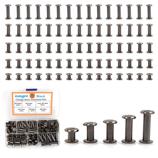 Alloypro 90 Set Chicago Screws Assorted Kit 5 Size GunMetal Leather Rivet 5mm Screw Rivets Flat Fillister Book Bingding Post Nail Rivet Chicago Bolt for DIY Leather Craft Bookbinding (6,10,12,15,18mm)