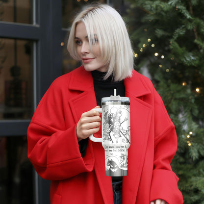 GEPOSTORE Spooky Christmas Tumbler – 40 oz Laser Stainless Steel Mug with Handle – Nightmare Halloween Movie Cup Gift for Fans of Dark Romance, Birthdays & Holidays