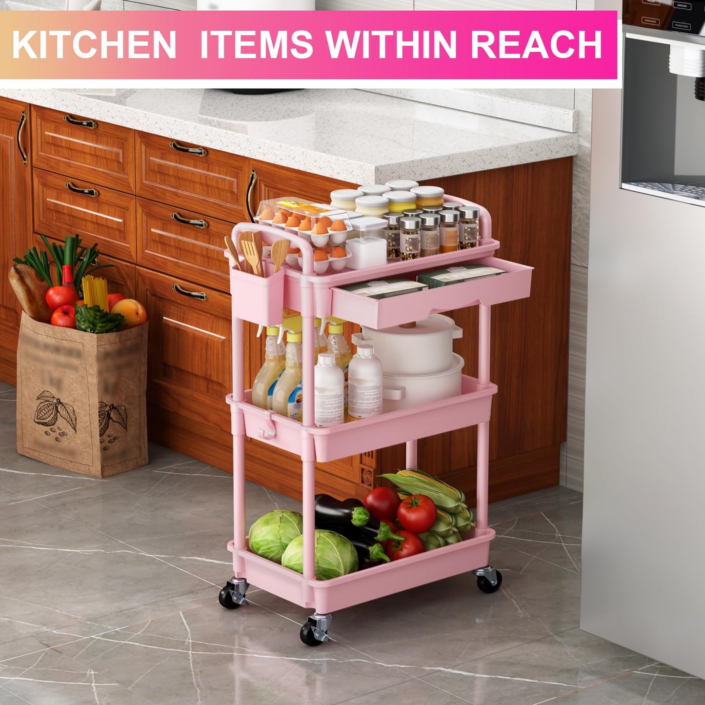Goovilla 3 Tier Rolling Utility Cart Organizer with Removable Drawer, Stable and Sturdy Black Rolling Storage Carts with 2 Lockable Wheels for Bathroom, Kitchen, Snack, Craft, Makeup, Baby Essentials