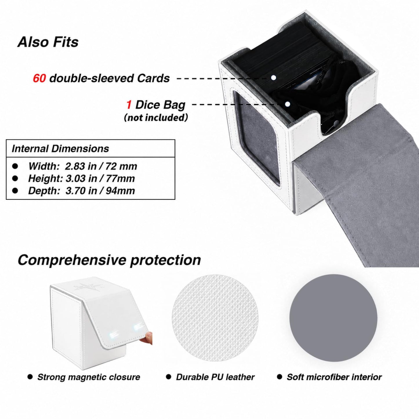 Venssu MTG Deck Box for Commander Display,Card Deck Box Fits 100 Double Sleeved Cards, TCG Card Storage Box (White and Grey, 1 window)