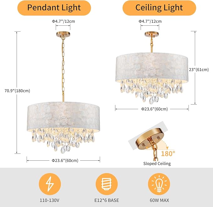 6-Lights Drum Capiz Shell Crystal Chandeliers, Coastal Style Pendant Light Fixture for Dining Room, Living Room, D24 x H23~71 inch(Adjustable), Shell Lampshade & Gold Finish
