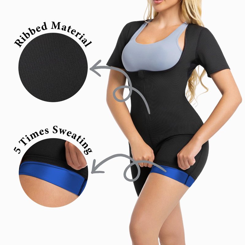 Meiosuns Sauna Suit for Women Ribbed Full Body Sweat Suits Weight Loss Jumpsuit Waist Trainer Shaper 4 in 1 Slimming Heat Trapping Sweat Shirt for Belly Fat Workout Gym Shapewear (Blue, L)