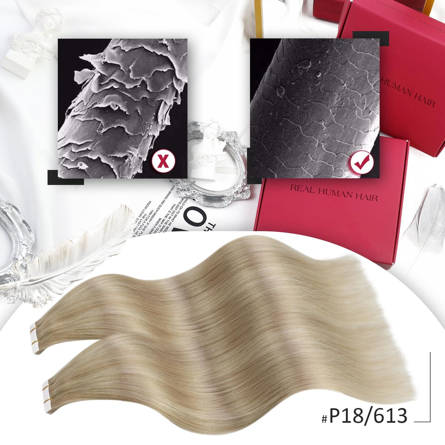 Moresoo Tape in Hair Extensions Human Hair 18 Inch Hair Extensions Tape Real Hair Ash Blonde with Platinum Blonde Tape in Extensions Remy Human Hair #P18/613 20 Pieces/50g