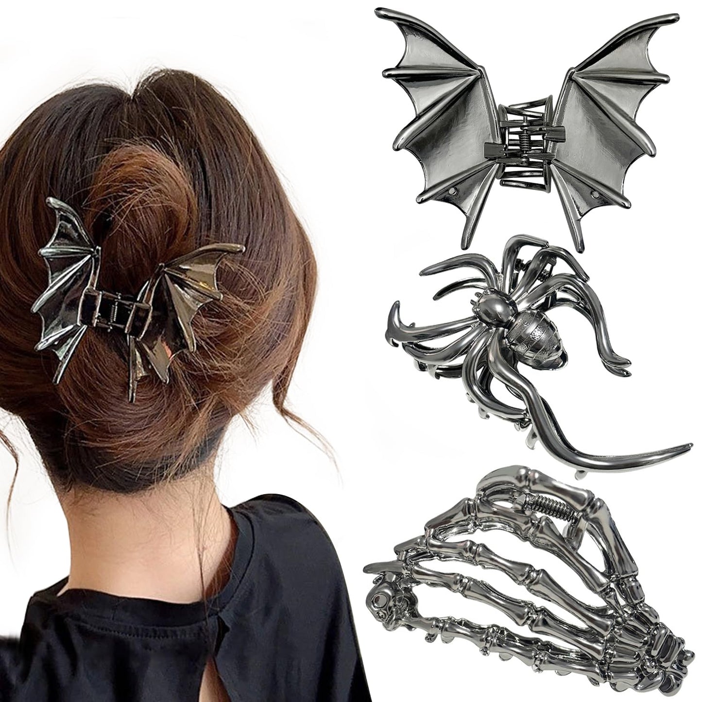 Parcce 3 Pieces Large Metal Spider Net Bat Hand Hair Claw Clips for Women and Girls Thick Long Hair, Nonslip Skeleton Spooky Barrette Headband Hair Styling Accessories for Halloween Christmas Gifts