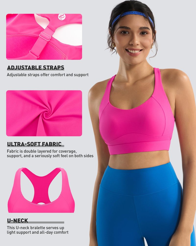 RUNNING GIRL High Impact Sports Bras for Women, Adjustable Straps Pink Sports Bra High Support Molded Cup Racerback Workout Bra(WX3143 Hot Pink M)