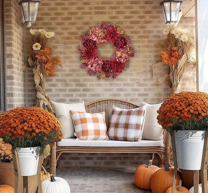Hollyone 24inch Fall Wreath for Front Door Fall Decor Autumn Wreath Artificial Flower Wreaths with Hydrangea Peonies Dahlia Handmade Outdoor Indoor Halloween Farmhouse Harvest Decorations for Home