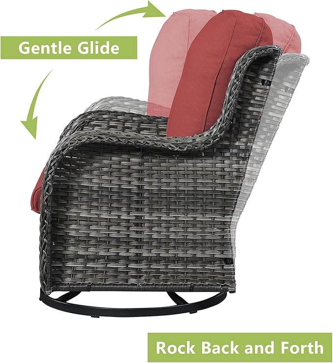 Rilyson Wicker Patio Furniture Set - 7 Piece Rattan Outdoor Sectional Conversation Sets with 2 Rocking Swivel Chairs,2 Ottomans,2 Sofa and 1 Coffee Table for Porch Deck Garden(Mixed Grey/Red)