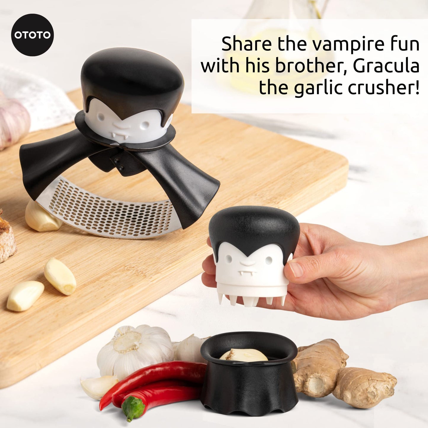 OTOTO Rockula Garlic Press Rocker - Garlic Masher, Garlic Rocker, Rocking Garlic Press Stainless Steel - Garlic Smasher Spooky Gifts - Easy to Clean