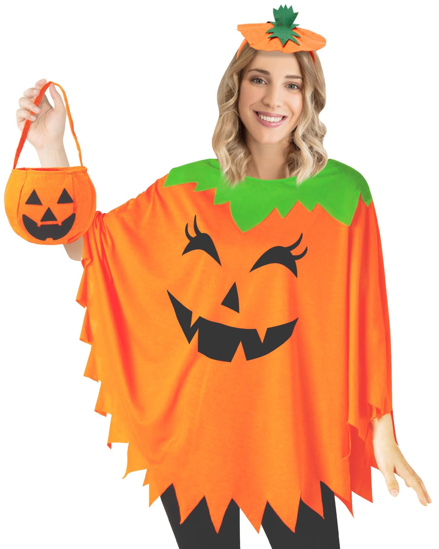 HEYFIZZ 3 PCS Pumpkin Costume for Women,Halloween Pumpkin Poncho for Adults,Halloween Costume for Women with Accessories