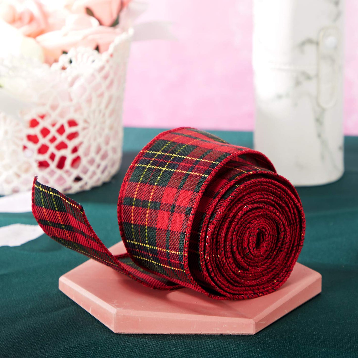 Christmas Wired Edge Plaid Ribbon 2.5 Inches Black and White Buffalo Wrapping Ribbon Gingham Ribbon for Christmas Tree Wreath Gift Wrapping, Crafts, and Decorations(Red with Green and Gold Line Plaid)