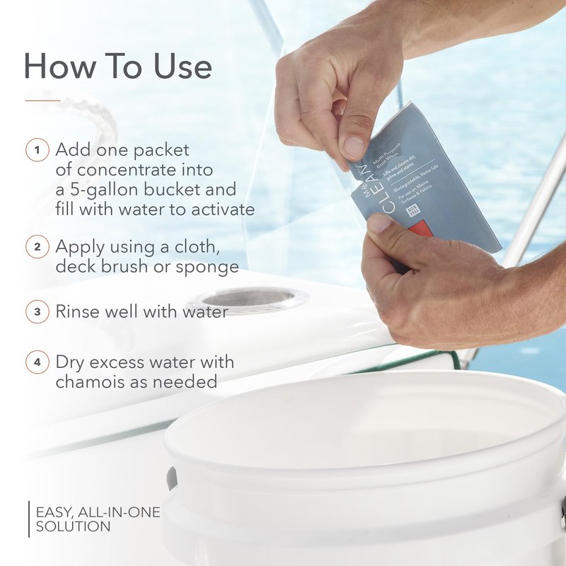 Sunbrella Marine Clean Multi-Purpose Boat Wash | Powerful Concentrated Formula | Clean Your Entire Boat | Removes Dirt, Grime | Safe for Fiberglass, Vinyl, Metal & More | 12 Individual Packets