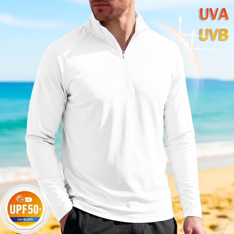 Mens Sun Shirts Quarter Zip Pullover UPF 50+ Fishing Long Sleeve Rash Guard Shirt White