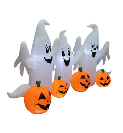 6 Foot Long Lighted Halloween Inflatable Three Ghosts with Pumpkins Patch Outdoor Indoor Holiday Decorations, Blow Up LED Lights Lighted Yard Decor, Giant Lawn Inflatables for Home Family Party