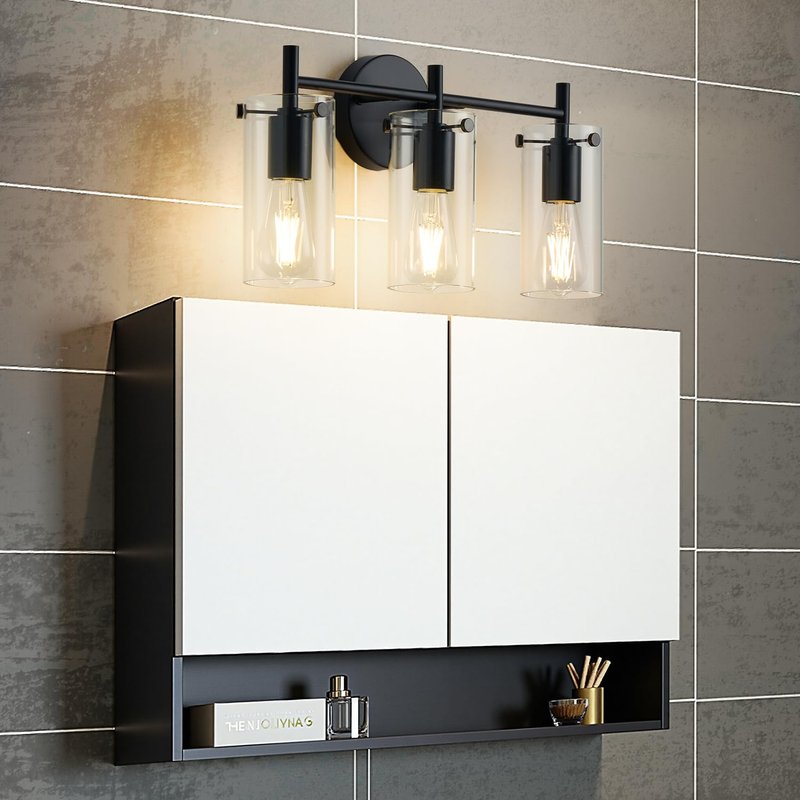 Indoi Bathroom Light Fixtures, 3-Light Matte Black Vanity Light, Black Bathroom Lights Over Mirror with Clear Glass Shade, Wall Sconces for Mirror Bedroom Living Room Hallway