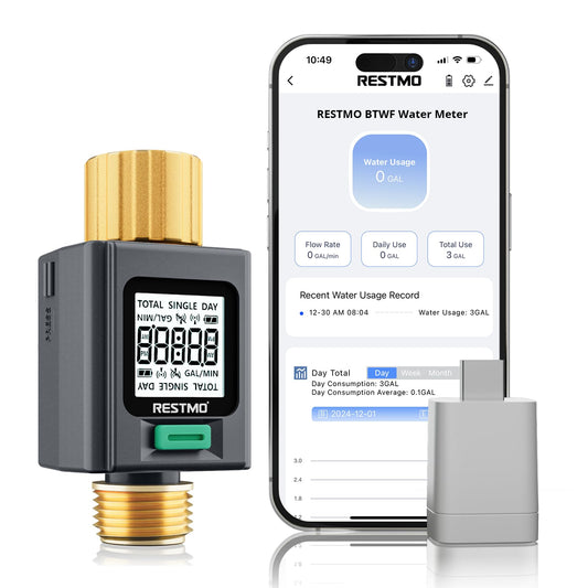 RESTMO Smart Water Flow Meter with Screen Backlight, Brass Inlet & Outlet, Measuring Gallon/Liter Consumption & Flow Rate for Garden Watering, RV Filling, Sprinklers & Nozzle - 2.4Ghz WiFi Connection