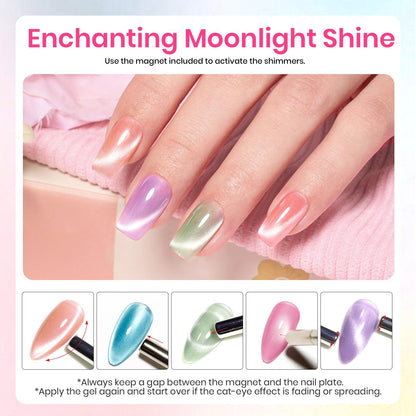 Beetles Cat Eye Gel Nail Polish Set, 6 Summer Colors Pastel Shimmer Glitter Gel Polish Kit Soak Off LED UV Curing Requires Pink Red Blue Orange Green Purple Velvet Gel with Magnet Gift for Women
