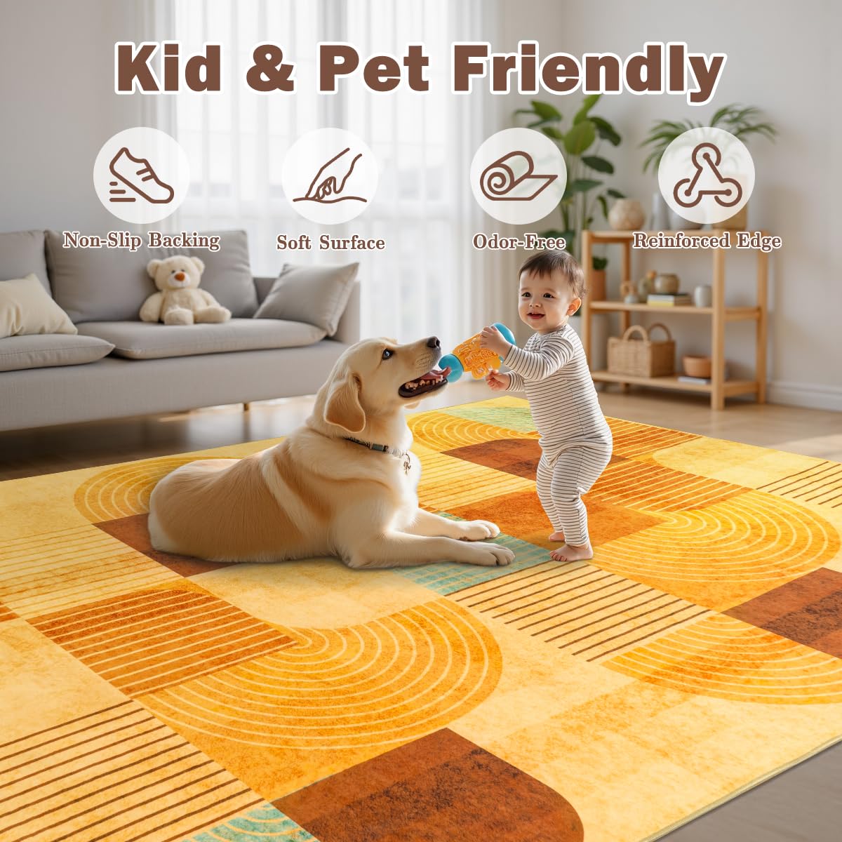 OHDS 5x7 Area Rugs for Living Room, Soft Modern Geometric Rug for Bedroom, Washable Non-Slip Indoor Floor Abstract Carpet for Dining Room Nursery Home，Multi/Orange