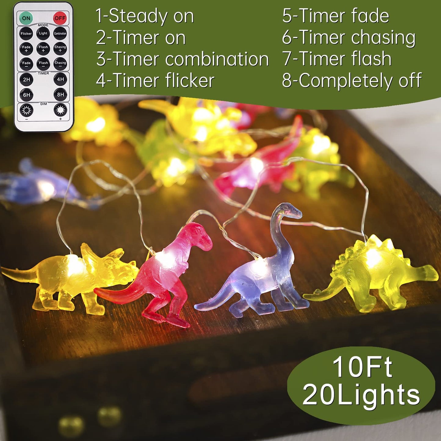 Impress Life Dinosaur String Lights with Remote and Timer,20 LED 10 FT, Dino String Lights for Children's Room Battery Operated Fairy Theme Lights for Boys, Birthday Party, Holiday