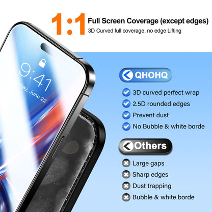 QHOHQ 3 Pack Screen Protector for iPhone 14 / iPhone 13 [6.1 Inch] with 3 Pack Tempered Glass Camera Lens Protector, Ultra HD, 9H Hardness,Case Friendly