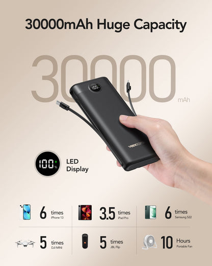 VEEKTOMX Portable Charger Built-in Cables,10000mAh Power Bank for iPhone,Fast Charge USB C Battery Pack Travel Essentials Powerbank Compatible with iPhone 17/16/15/14, Samsung S25/24, Android, etc