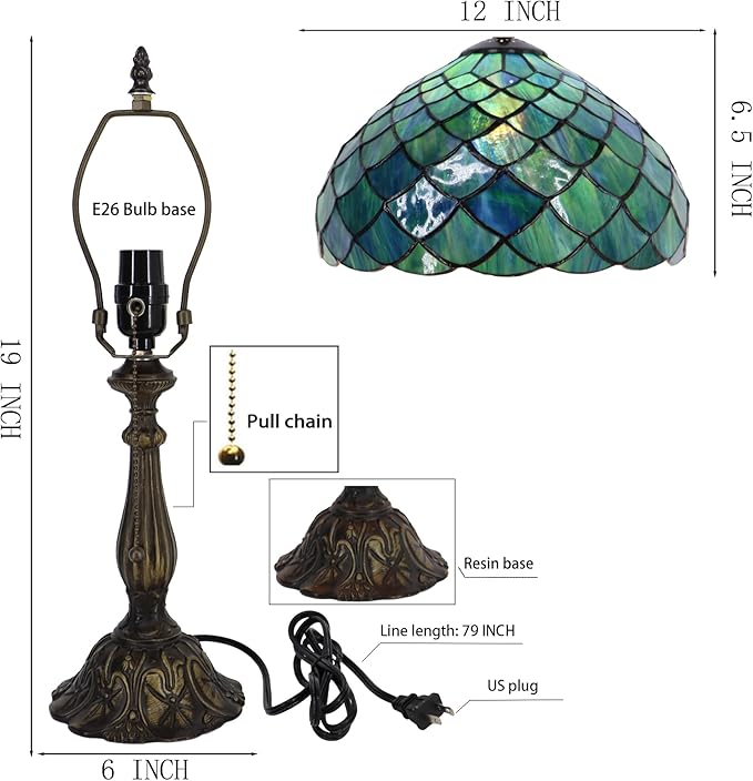Tiffany Lamp Stained Glass Table Lamp Bedside Reading Light W12H19 Inches (Fishscale Style)