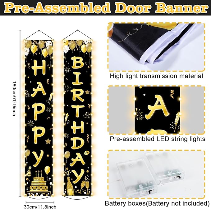 Black Gold Happy Birthday Door Banner Lighted Decorations for Men Women Happy Birthday Banner Porch Sign with LED light Party Supplies 16th 18th 30th 40th 50th 60th Party Decoration
