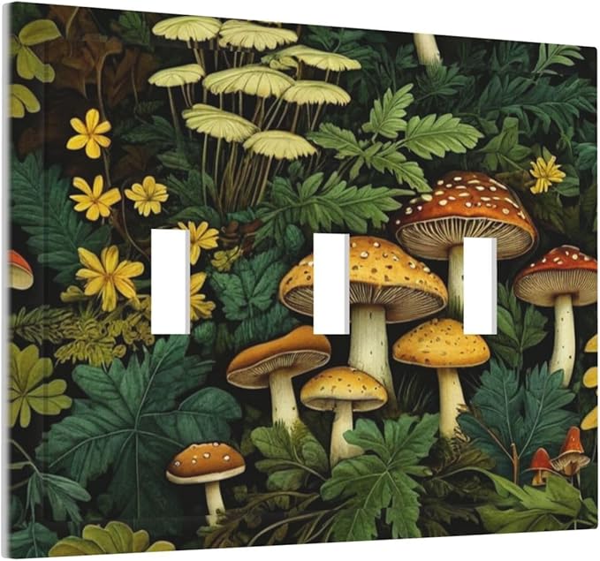 Mushrooms Forest Nature Botanical Art Light Switch Covers 3 Gang Triple Toggle Wall Plate Decorative Switchplate Electrical Faceplate for Farmhouse Living Decor