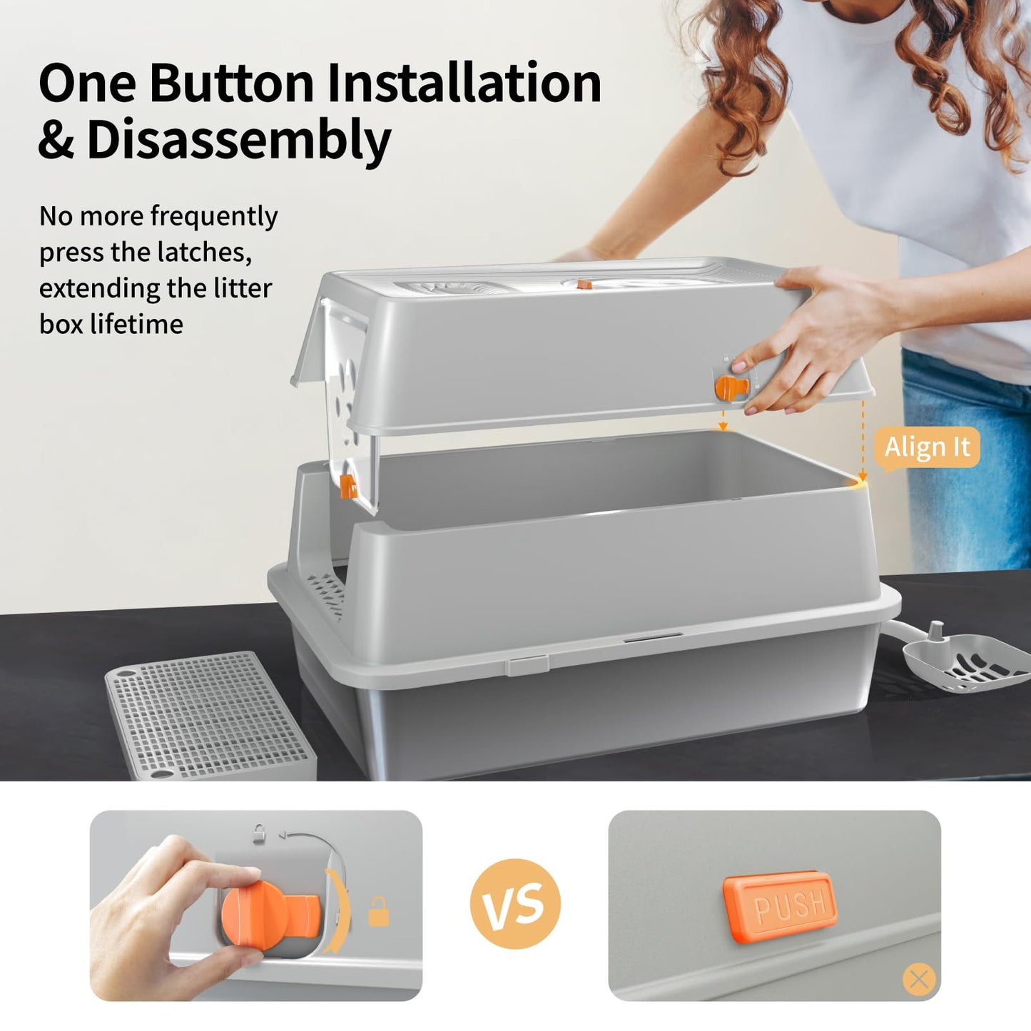 Eosarcu Stainless Steel Cat Litter Box with Lid, XL Large Enclosed High Sided Litter Box with Removable Lid, Carbon Filters -Odor Free, Easy Cleaning, Anti-Urine Leakage for Big Cats/Multiples-Grey