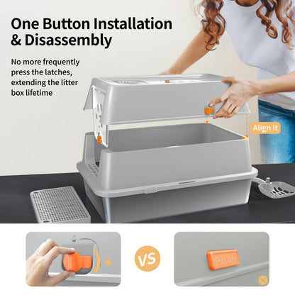 Eosarcu Stainless Steel Cat Litter Box with Lid, XL Large Enclosed High Sided Litter Box with Removable Lid, Carbon Filters -Odor Free, Easy Cleaning, Anti-Urine Leakage for Big Cats/Multiples-Grey