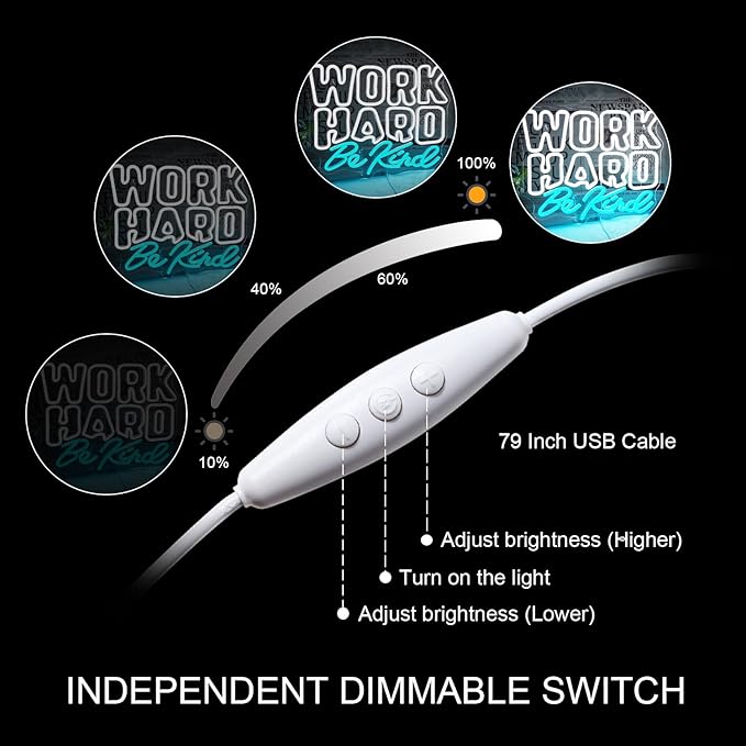 Work Hard Be Kind Neon Sign, Dimmable Neon Signs for Wall Decor, White Blue Neon Light Work Hard USB Led Sign for Office Study Room Classroom Bedroom Meeting Room Decoration