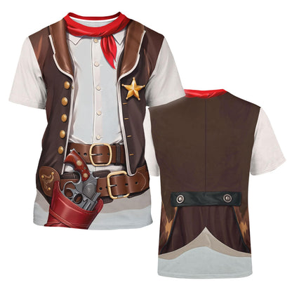 DFZ Cowboy Shirts for Men Funny Cosplay Costume Wester Crewneck Short Sleeve Casual Top Unisex Brown