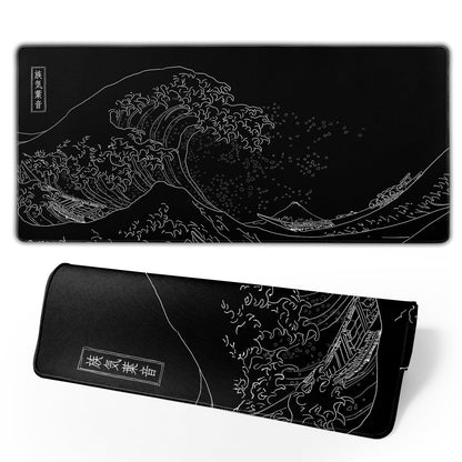 Japanese Gaming Mouse Pad Black Mouse Pad Kanagawa Large Mousepad Non-Slip Rubber Base Waterproof with Stitched Edges for Gaming Office Home, 31.5x11.8 Inch (Black Wave)