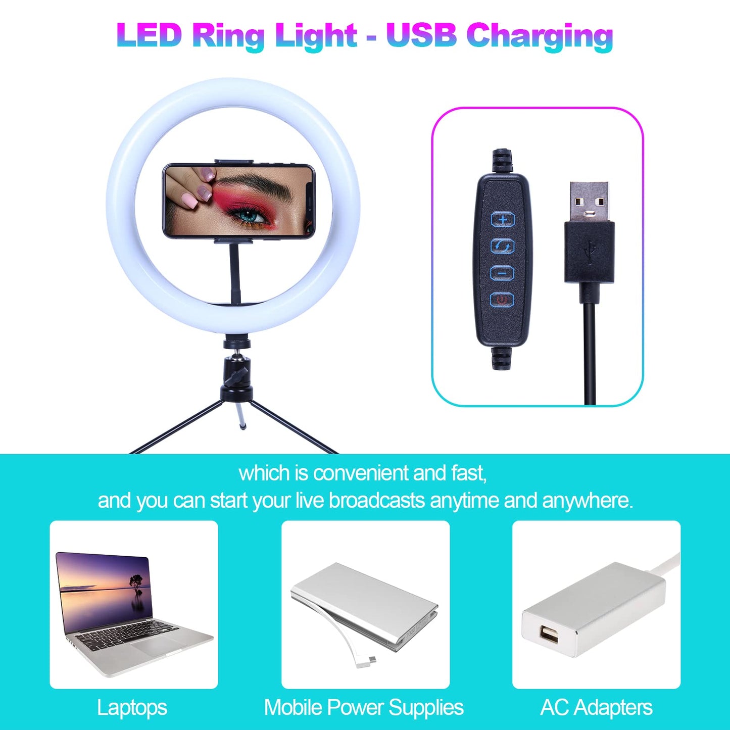 AGM 10” LED Ring Light with Tripod Stand & Phone Holder 3 Light Modes & 10 Brightness Level for Video/Photography/Live Streaming