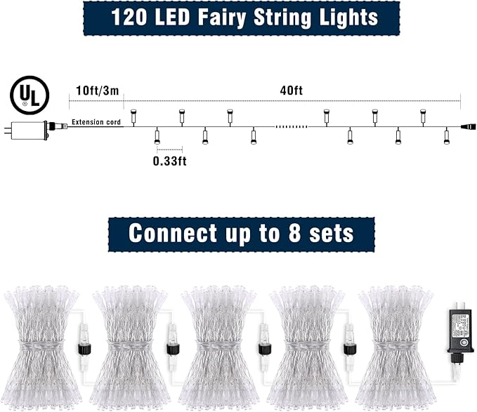 120 LED Christmas Lights Outdoor Indoor 40ft Christmas String Lights 8 Modes Clear Wire Plug in Twinkle Fairy Light for Bedroom House Holiday Party Christmas Tree Decorations, Multicolor