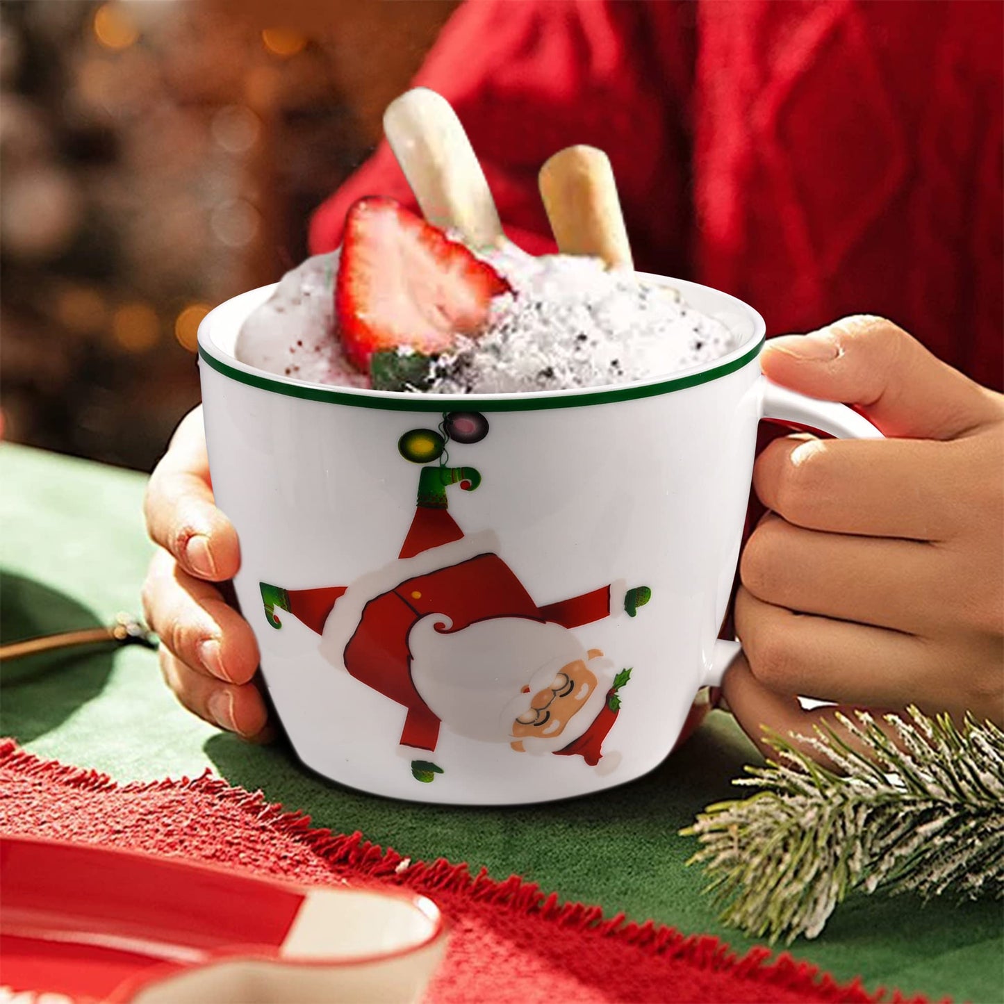 fMSDD Merry Christmas Coffee Mug Huge Novelty Cup Funny Ceramic Soup Bowl with Handle, 30 oz Wide, Multi-purpose, Santa Mug for Co-workers, Friends, Holiday Decor, White Green Letters