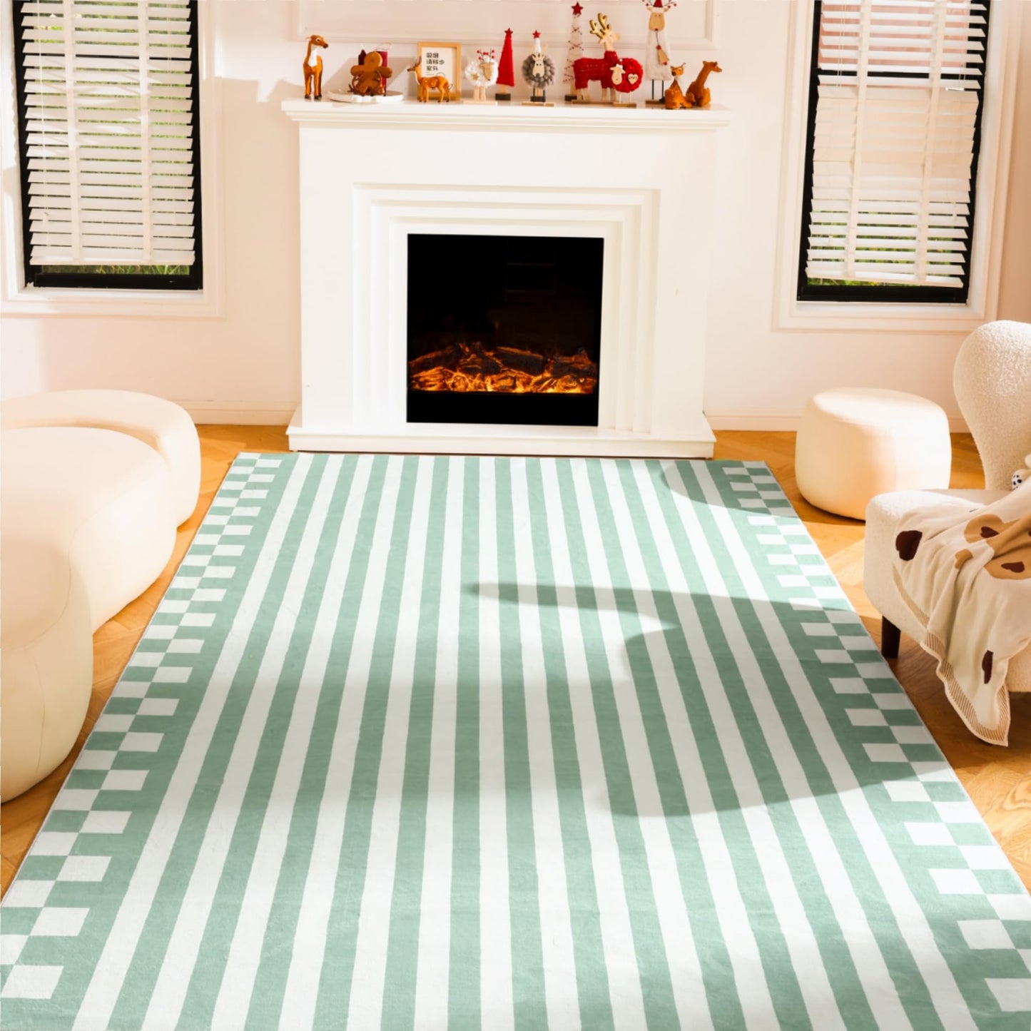 Carvapet 8x10 Area Rug - Green Striped Modern Large Carpet Low Pile, Non Slip Rubber Backing Easy Clean Foldable Big Thin Floor Mat for Living Room Bedroom