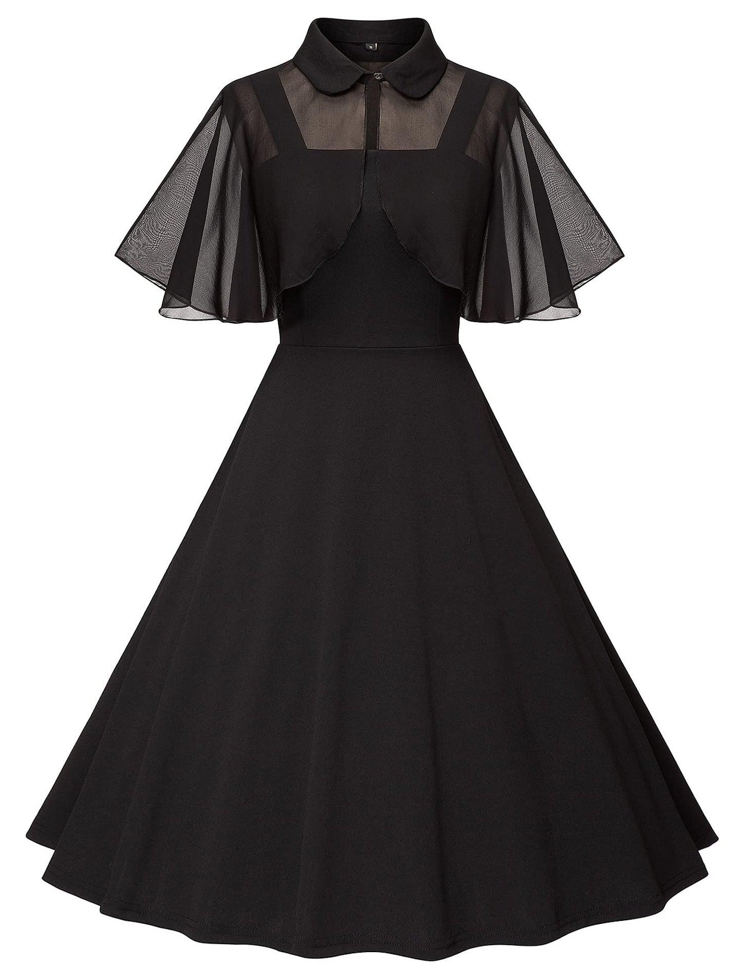 Milreason 1950s Dresses for Women Vintage Goth Swing Cocktail Dress with Pockets and Chiffon Shawl Black