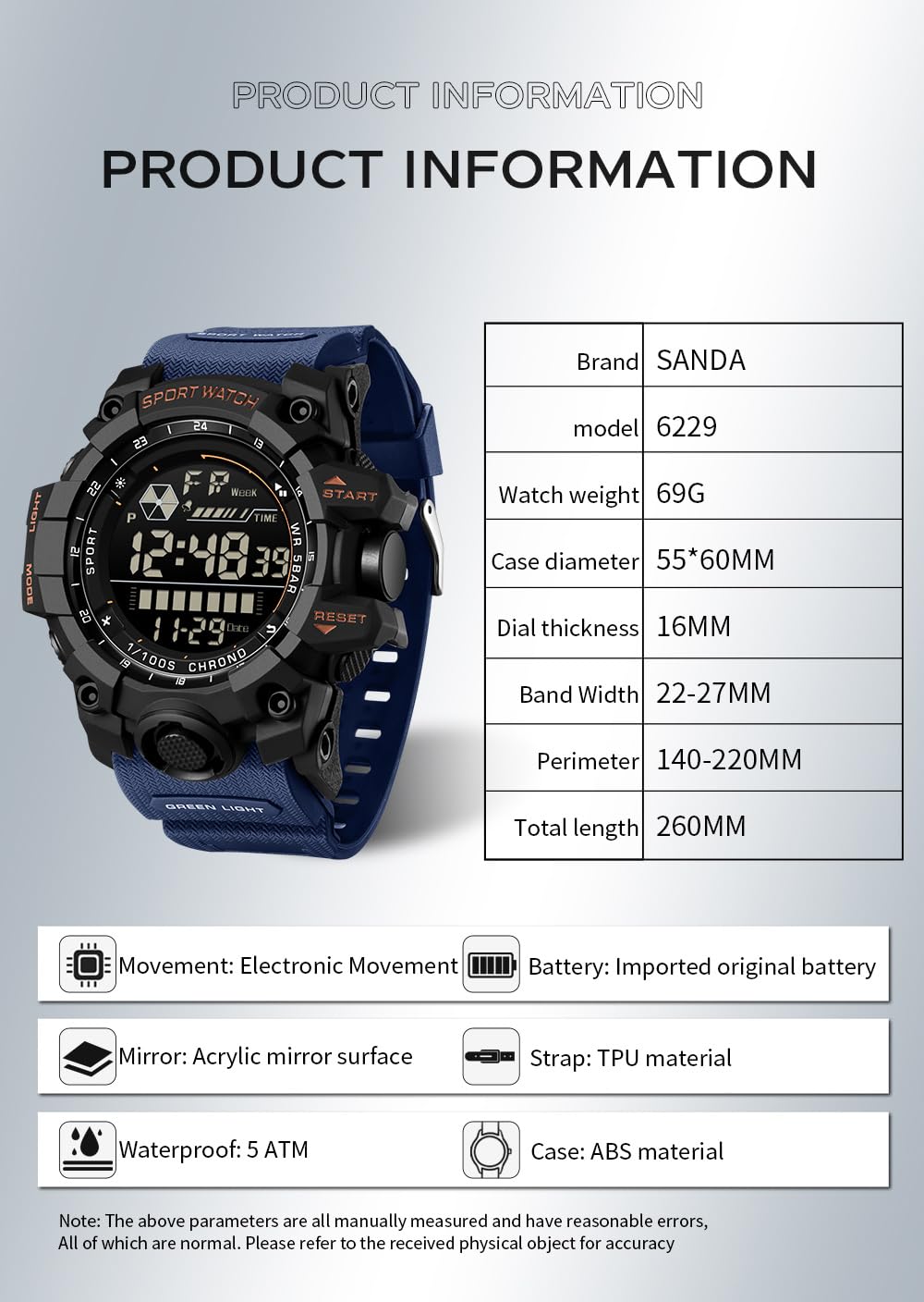 FANMIS Mens Military Multifunction Digital LED Watch Electronic Waterproof Alarm Quartz Sports Watch (Blue)