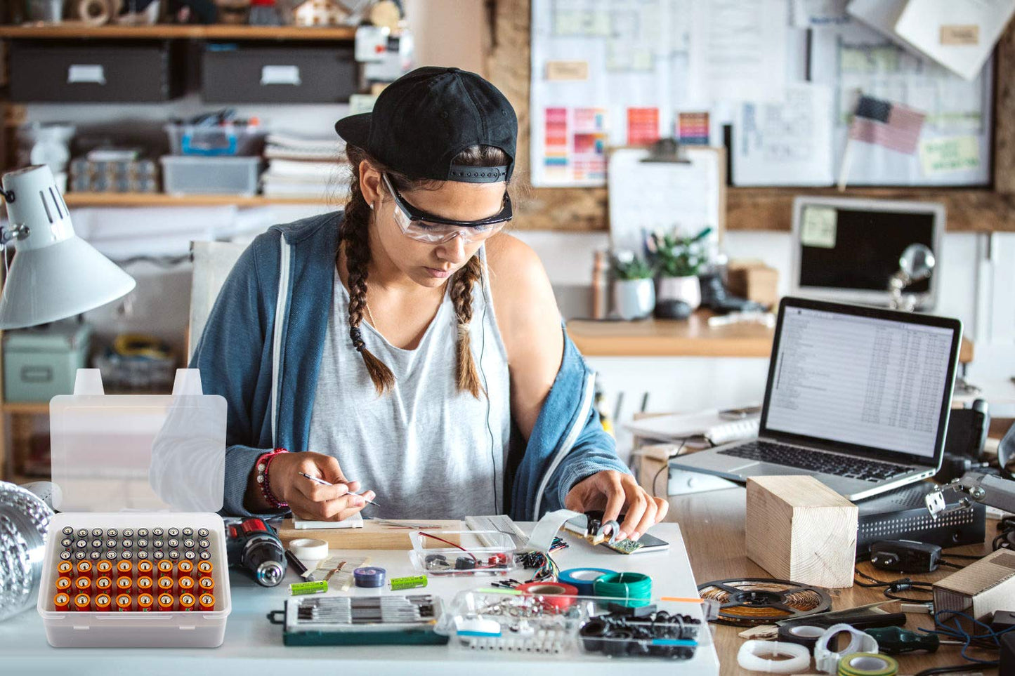 Battery Organizer Storage Box, Garage Case Holder for 24* AA, 30* AAA Batteries (Bag Not Include Batteries Pack) (white)