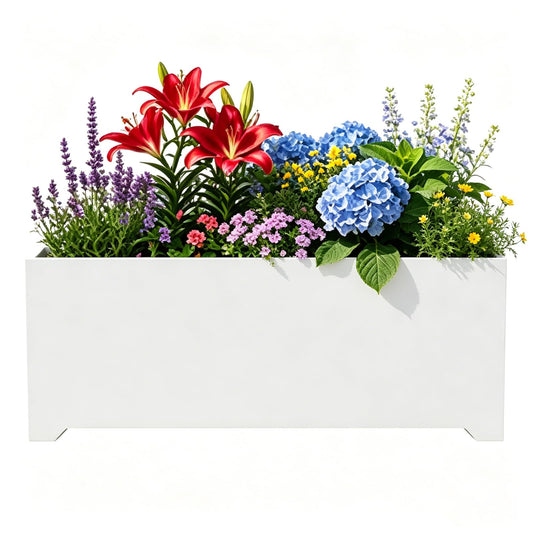 36" White Rectangular Planter, 36x15x15 Inch Large Metal Flower Box with 6 Drainage Holes, Raised Bottom, Galvanized Outdoor Planter for Patio Garden Deck, Heavy Duty Planter for Vegetables Shrubs