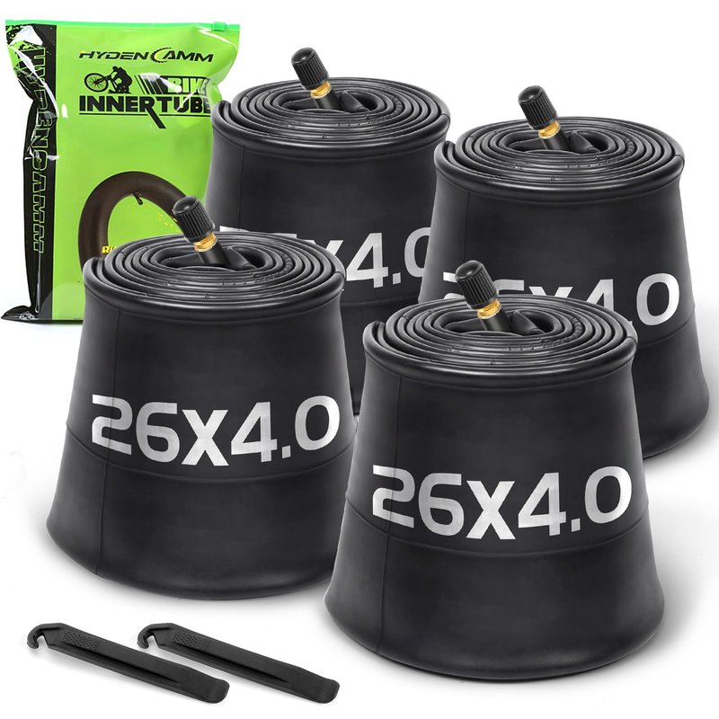 Hydencamm 4 Pack 26x4.0 Fat Bike Tube, 26'' x 3.5/4.0 AV Schrader Valve, Premium Butyl Fat Tire Tube 26x4 with 2 Tire Levers, 26x4 Tube Compatible with Mountain, City and Road Bikes, E-Bike, Fat Bike
