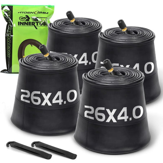 Hydencamm 4 Pack 26x4.0 Fat Bike Tube, 26'' x 3.5/4.0 AV Schrader Valve, Premium Butyl Fat Tire Tube 26x4 with 2 Tire Levers, 26x4 Tube Compatible with Mountain, City and Road Bikes, E-Bike, Fat Bike
