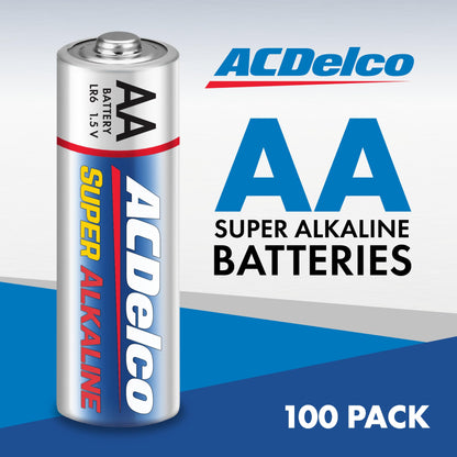 ACDelco 100-Count AA Batteries, Maximum Power Super Alkaline Battery, 10-Year Shelf Life, Reclosable Packaging