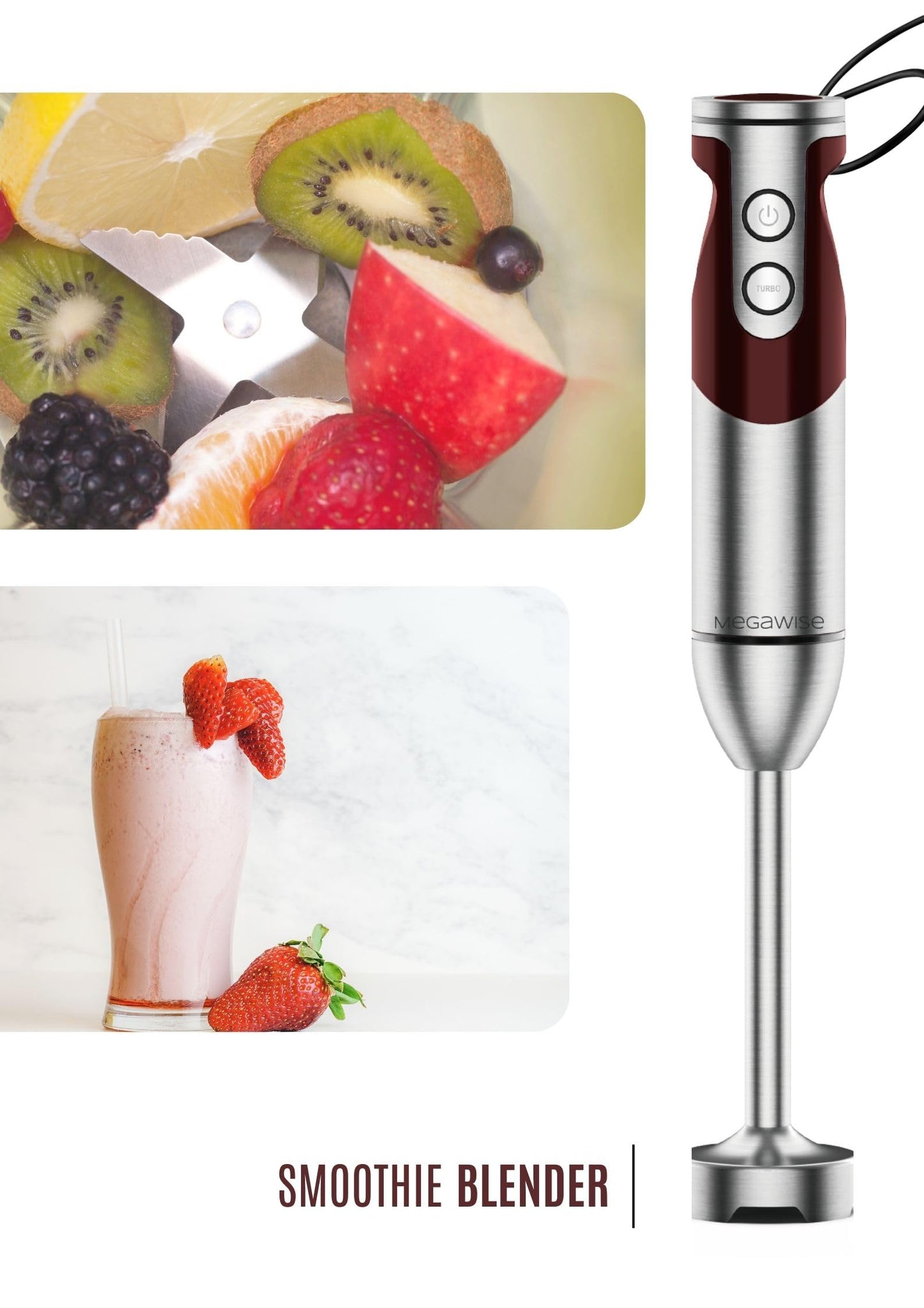 MegaWise Pro Titanium Reinforced 3-in-1 Immersion Corded Hand Blender, Powerful MOTOR with 80% Sharper Blades, 12-Speed Corded Blender, IncludingWhisk and Milk Frother (3-in 1 Red)