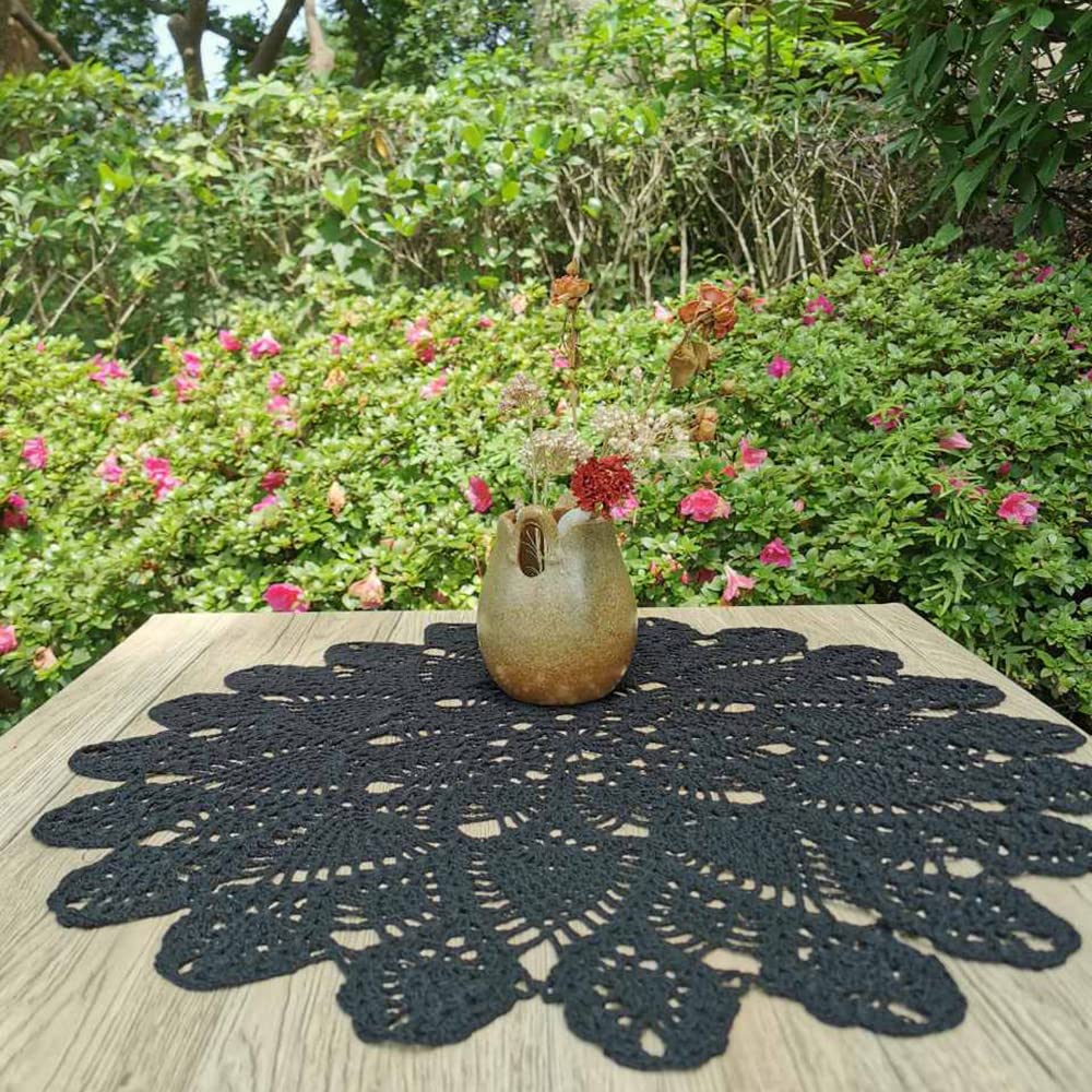 Phantomon 20 Inch Lace Doilies Table Placemats Handmade Crochet Cloth Round Coasters Knitted Doilies for Tables Sofa Cover, 100% Cotton (Black)