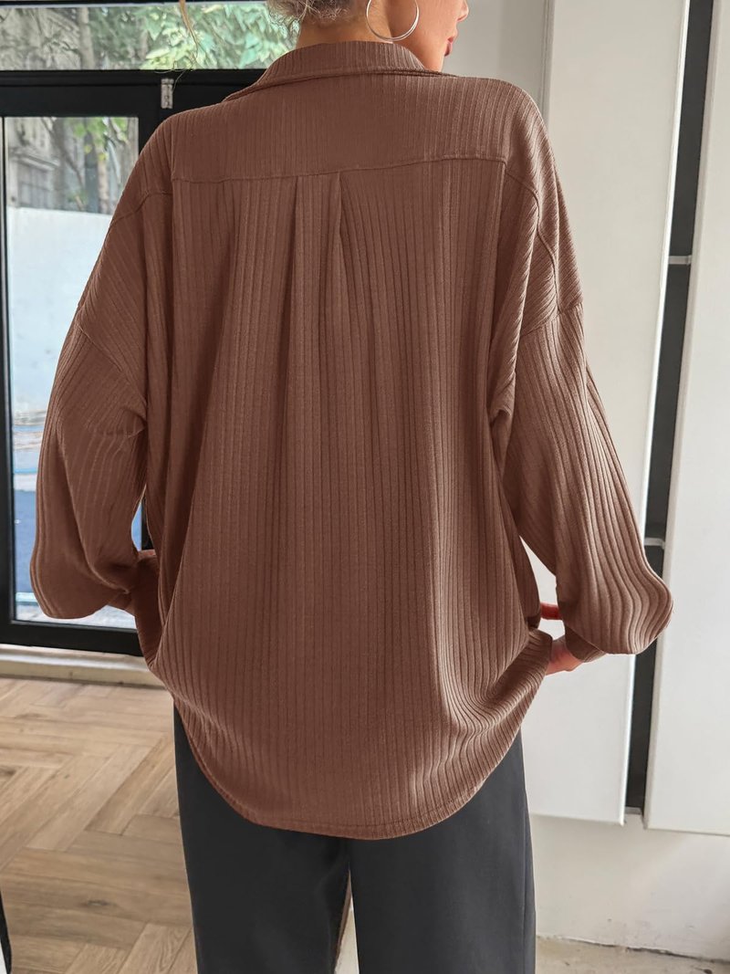 Fisoew Womens Oversized Deep V Neck Sweatshirts Casual Collared Long Sleeve Ribbed Knit Pullover Tops Brown