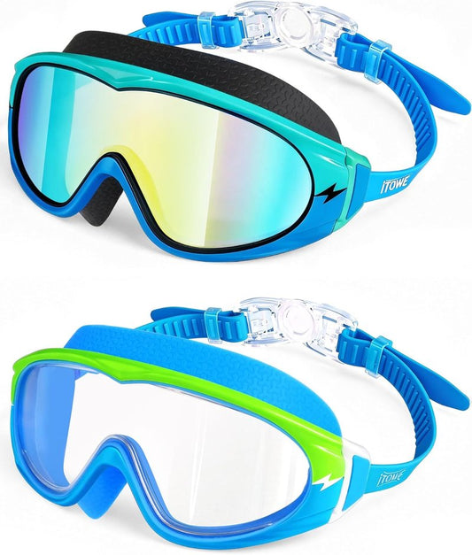 Wide View Swimming Goggles for Kids - Anti-Fog & UV Protection | 2 Pack, No Leak Design, Ages 5-15