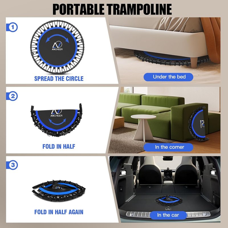 40" Mini Rebounder Trampoline for Adults & Kids - Adjustable Foam Handle, 400LBS Capacity | Indoor/Outdoor Fitness