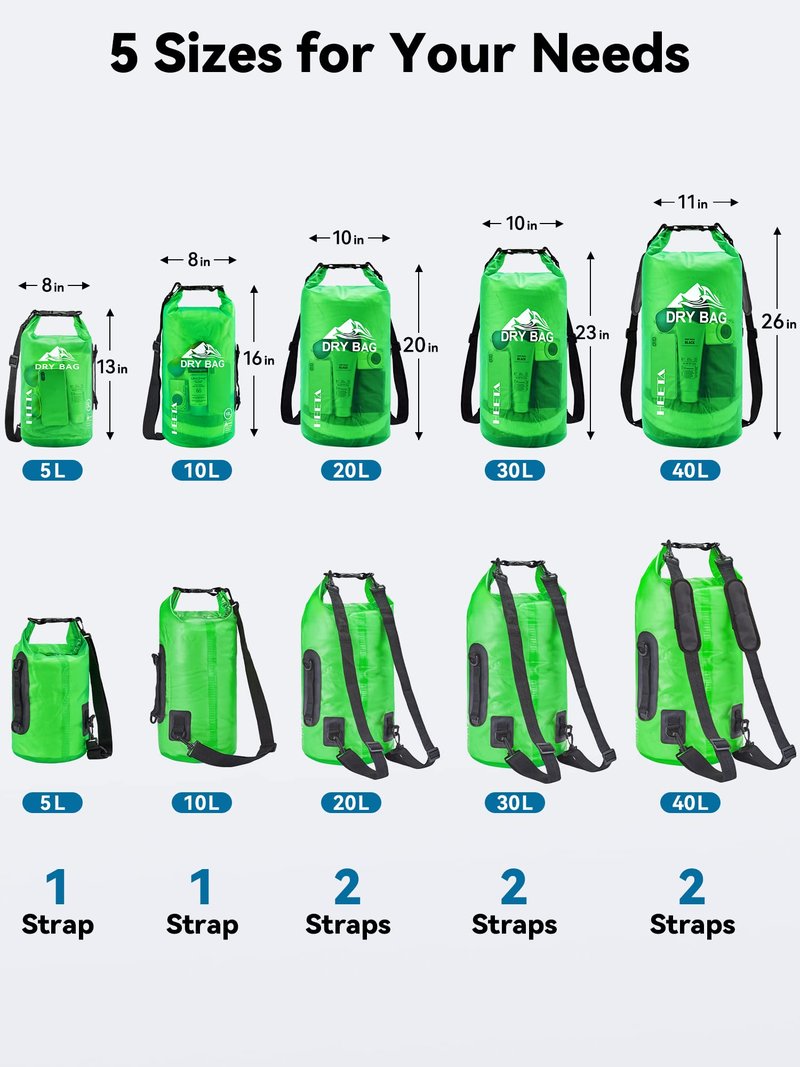 HEETA Dry Bag Waterproof for Women Men, Roll Top Lightweight Dry Storage Bag Backpack with Phone Case for Travel Swimming Boating Kayaking Paddle Board Camping Beach Accessories (Green, 40L)