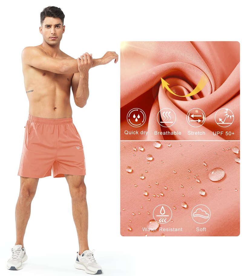 NORTHYARD Men's Athletic Running Shorts Gym Workout 7"/9"/5" Quick Dry Lightweight Sports Basketball Tennis 3 Zipper Pockets PINKORANGE-5inch 2XL